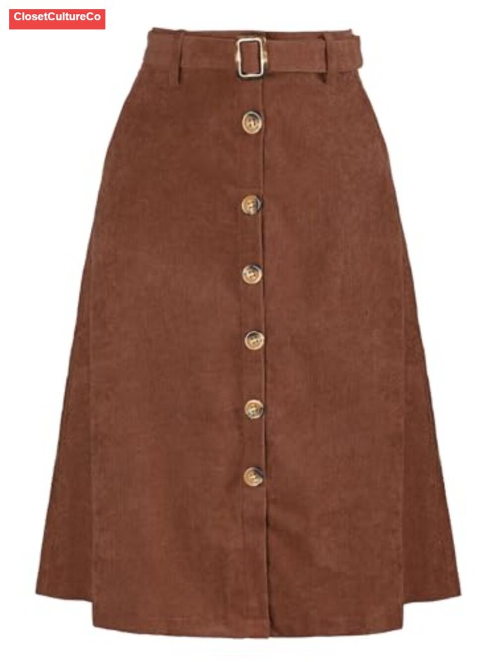 Corduroy High Waist A-Line Belted Midi Skirt Button Front